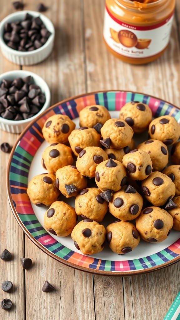 Nutty chickpea cookie dough bites on a plate with chocolate chips, jar of nut butter in the background.